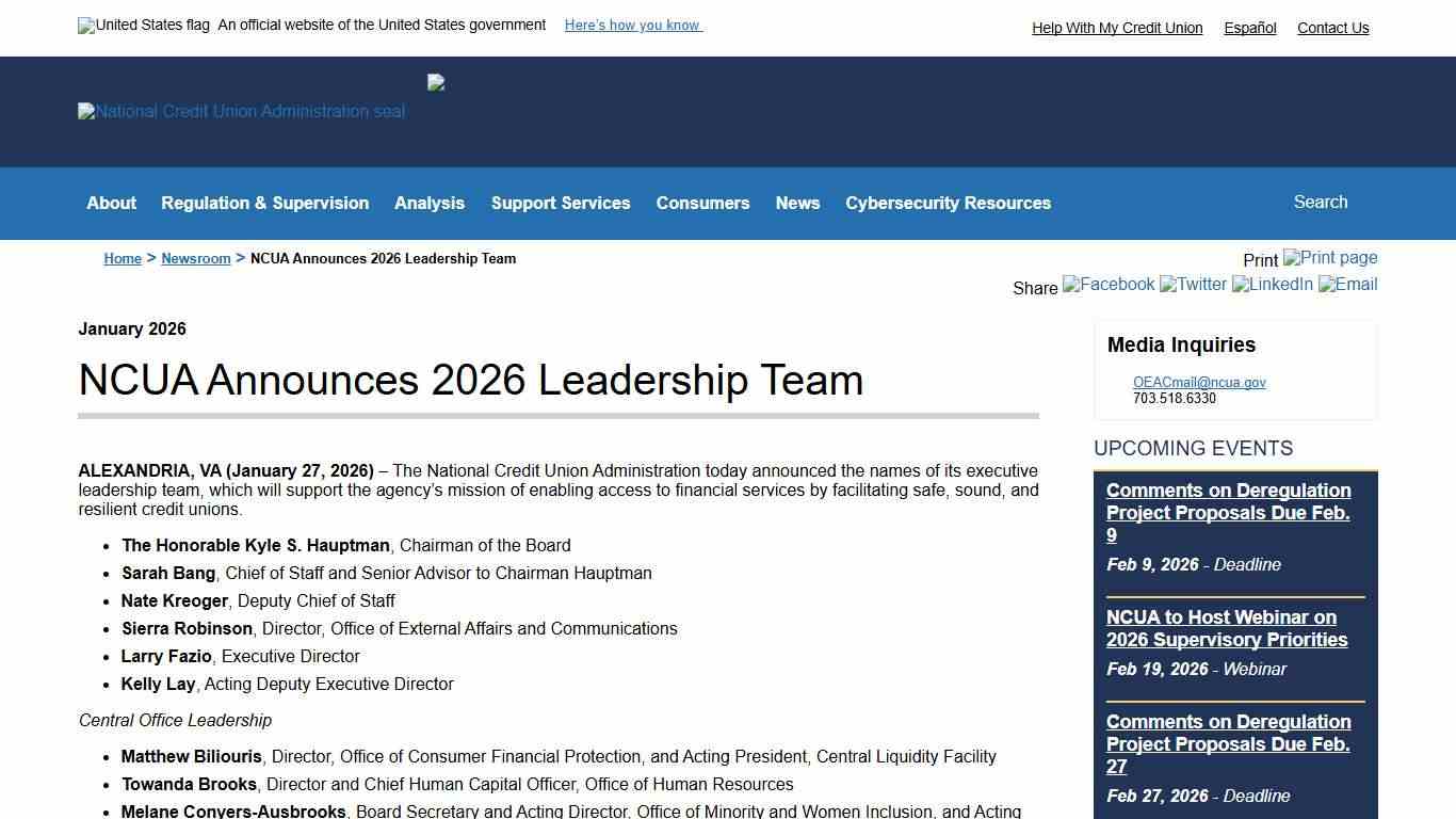 NCUA Announces 2026 Leadership Team NCUA